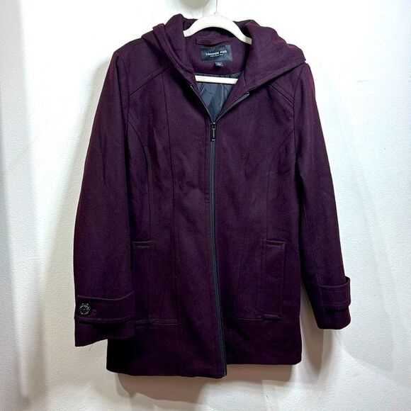 (W3) London Fog Wool Blend Zip Up Hooded Coat, Wine Red, Size L - Picture 2 of 14